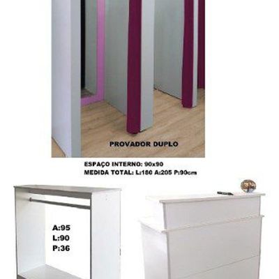 Kit com Provador Duplo 1 Balcão Arara e 1 Balcão Atendimento