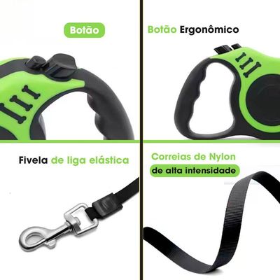 Guia Retrátil Passeio Pet Cachorro E Gato 3 Metros Verde