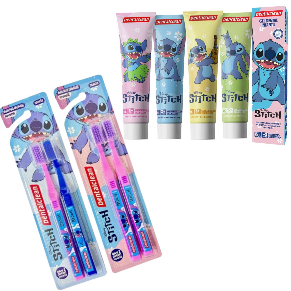 GEL DENTAL 50G + ESCOVA DENTAL JUVENIL  STITCH - DENTALCLEAN