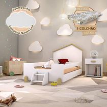 Cama De Criança Infantil Montessoriana Com Colchão E Escadinha Juvenil Ayla Branca E Natural Branco