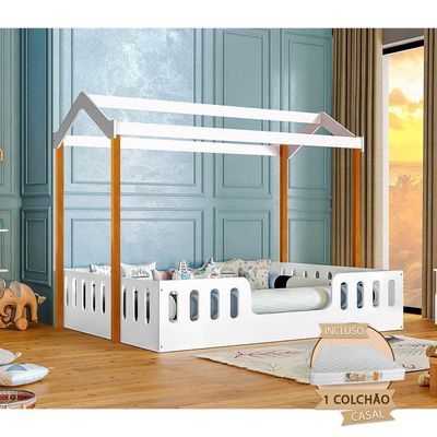 Cama Casal Com Colchão Casinha Montessoriana ágatha Branco/amêndoa Branco