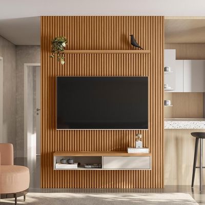 Painel Ripado Para Tv 75 Pol Slats E Bancada Lisa 180x250cm L05 Nature Off White - Lyam Decor