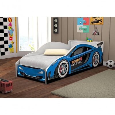 Cama Carro Com Baú Lizzy Infantil Azul Com Colchão