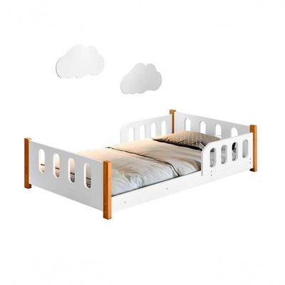 Cama Montessoriana Infantil Com Grade De Proteção Camila Branco Com 2 Luminárias E Colchão Divaloto