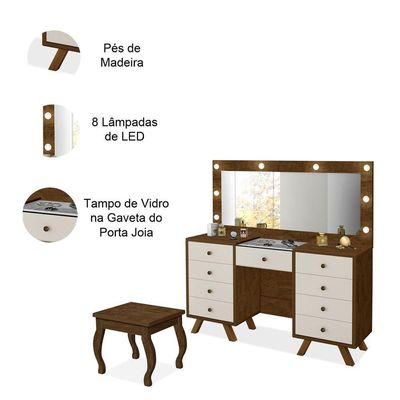 Penteadeira 9 Gavetas Com Banqueta Cristal Malbec Off White