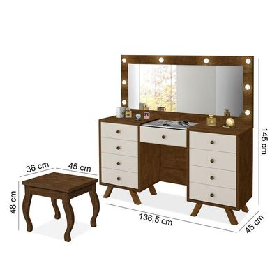 Penteadeira 9 Gavetas Com Banqueta Cristal Malbec Off White