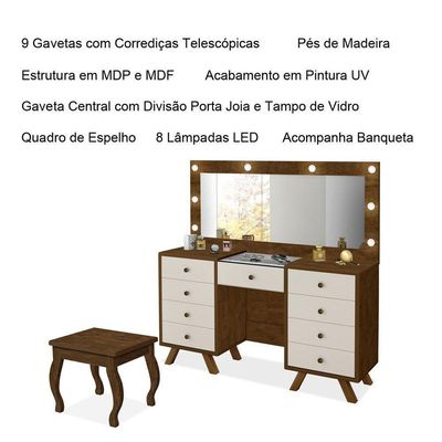 Penteadeira 9 Gavetas Com Banqueta Cristal Malbec Off White