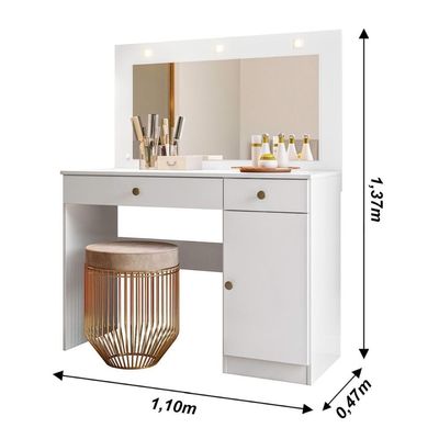Penteadeira Camarim Com Led 2 Gavetas 1 Porta Branco Bella