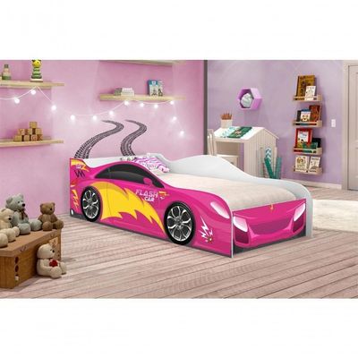 Cama Carro Fast Menina Rosa Solteiro Com Colchão