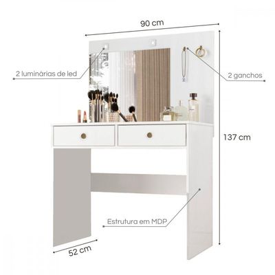 Penteadeira Camarim Com Espelho Ideal 2 Gavetas Moval Branco