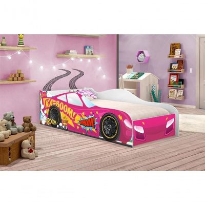 Cama Carro Kaboom Pink Solteiro Com Colchão