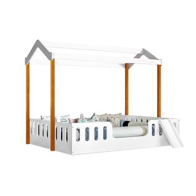 Cama De Criança Infantil Criança Casal ágatha Branca/amêndoa Com Escorregador E Voal Branco