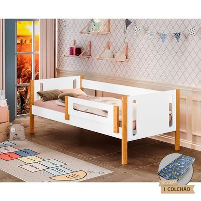 Cama De Solteiro Infantil Mirela Branca/Mel Com Grade De Proteção E Colchão - Branco