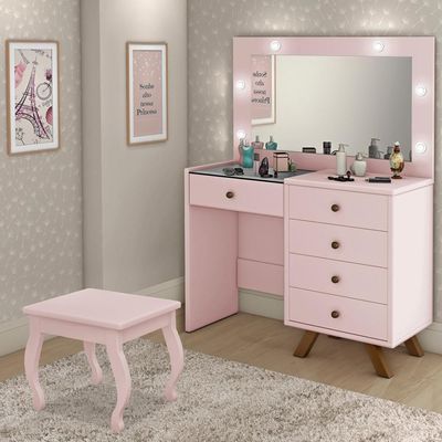 Kit Penteadeira Com Banqueta Em Mdf Rose