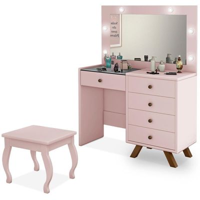 Kit Penteadeira Com Banqueta Em Mdf Rose