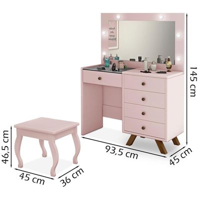 Kit Penteadeira Com Banqueta Em Mdf Rose