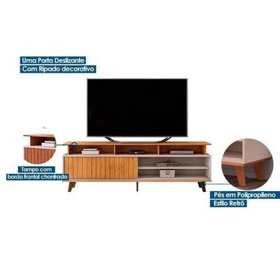 Rack Bancada p/TV até 70 Polegadas Flow Ripado c/ Nichos e Pés 180x60cm Cedro/Bali - DJ Móveis