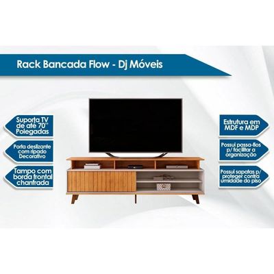 Rack Bancada p/TV até 70 Polegadas Flow Ripado c/ Nichos e Pés 180x60cm Cedro/Bali - DJ Móveis