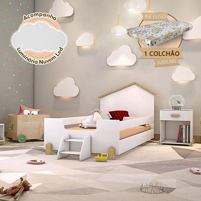 Cama Infantil Com Colchão E Escadinha Juvenil Ayla Branca E Natural + Luminária Led - Branco