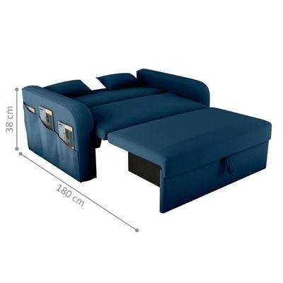 Sofá Cama 2 Lugares Com Baú Bannow Veludo Azul