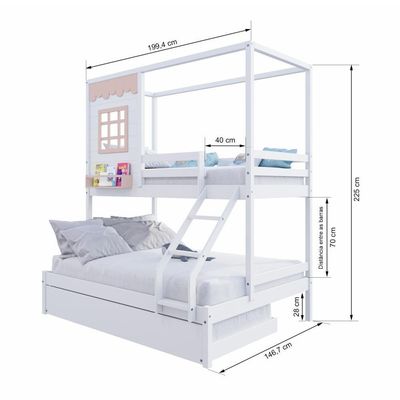 Treliche Casinha Reta Casal/ Solteiro Madeira Maciça Branco/ Rosa Housin