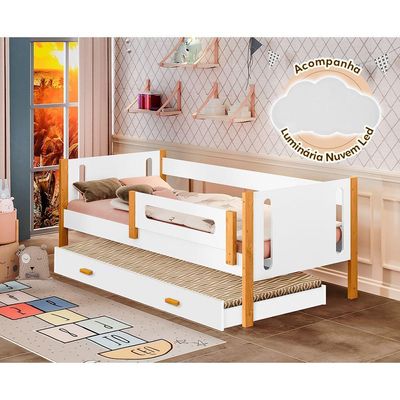 Cama Babá Solteiro Mirela C/ Cama Auxiliar Branco/amêndoa Acompanha Luminária Led Branco