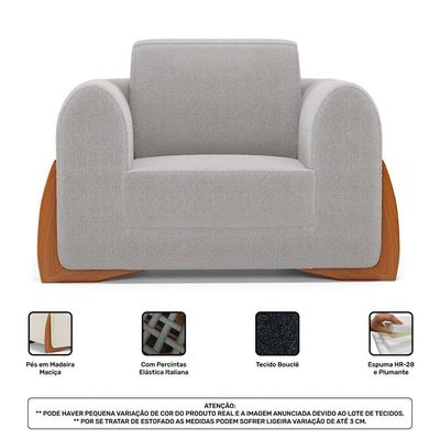 Kit 02 Poltronas E 01 Sofá Bloom 200cm 03 Lugares Com Pés De Madeira Bouclê Cinza - Desk Design