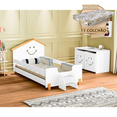 Cama Infantil Com Colchão Juvenil AlegraBranca E Mel Branco