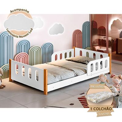 Cama Infantil Juvenil Camila Com Colchão + Grade De Proteção E Luminária Led - Branca - Branco