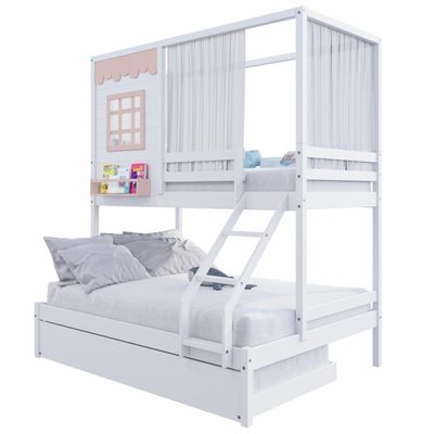 Treliche Casinha Reta Casal/ Solteiro Com Cortina Madeira Maciça Branco/ Rosa Housin