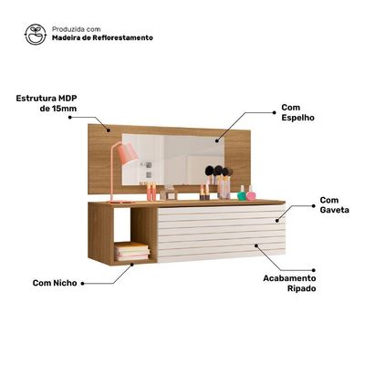 Penteadeira Mesa De Maquiagem Joy Suspensa 01 Gaveta Com Espelho Nature Branco - Desk Design