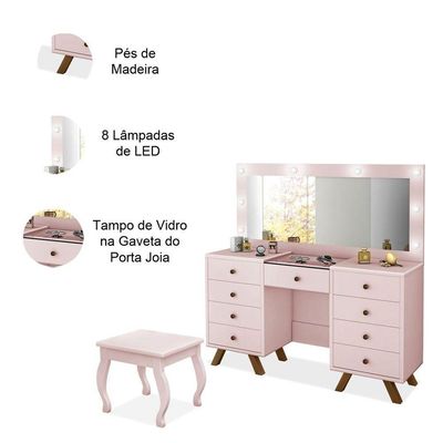Penteadeira 9 Gavetas Com Banqueta Cristal Rosê