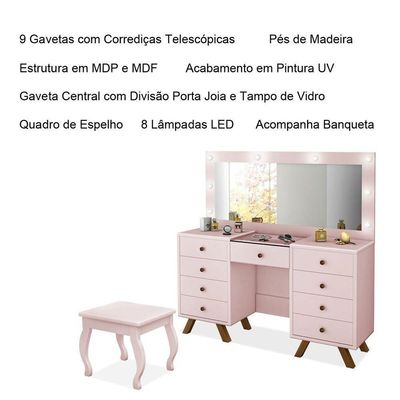 Penteadeira 9 Gavetas Com Banqueta Cristal Rosê