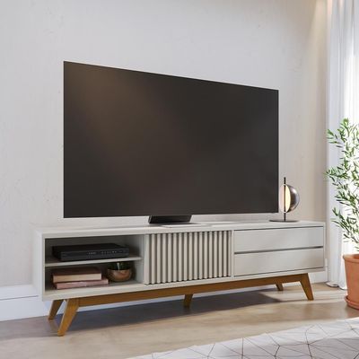 Rack Para Sala De Estar Tv 75 Pol 200cm Pés Retrô Venice C04 Off White Matte