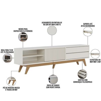 Rack Para Sala De Estar Tv 75 Pol 200cm Pés Retrô Venice C04 Off White Matte