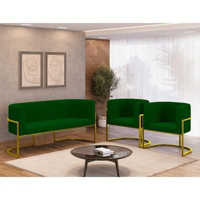 Kit 2 Poltronas + Sofá 2 Lugares Base De Metal Gold Balaqui verde Verde