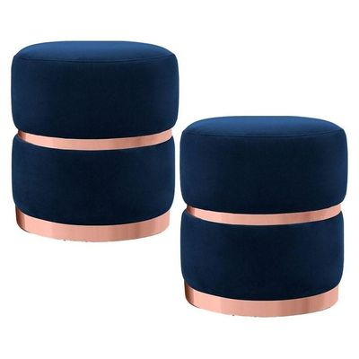 Kit 2 Puffs Decorativos Cinto E Aro Rosê Round B-304 Veludo Azul Marinho