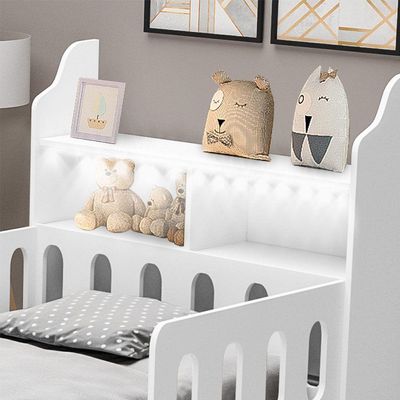Cama De Criança Helo Solteiro Com Colchão + Nicho E Led Branca - Branco