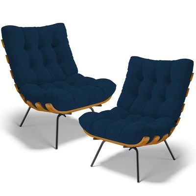 Kit 2 Poltronas Decorativas Sala De Estar Costela L02 Suede Azul Marinho - Lyam Decor