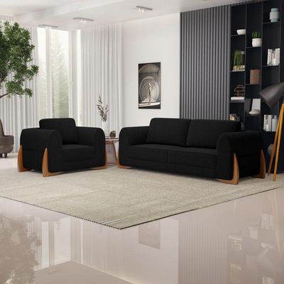 Kit 02 Poltronas E 01 Sofá Bloom 180cm 02 Lugares Com Pés De Madeira Bouclê Preto - Desk Design