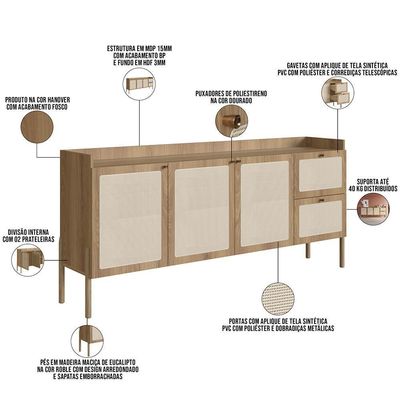 Aparador Buffet Para Sala De Jantar 183cm Pés Madeira Moss A03 Hanover Roble