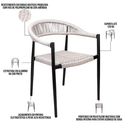 Cadeira Decorativa Para área Gourmet Base Preto Corda Náutica Nevada R01 Amêndoa - Lyam Decor