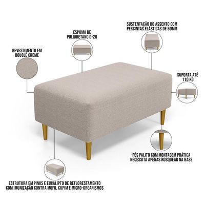 Kit 02 Puffs Decorativo Para Sala De Estar Cléo Pés Palito 90 Cm W01 Bouclê Creme - Lyam Decor