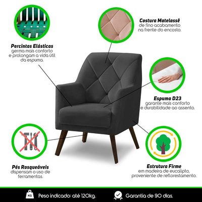 Poltrona Decorativa Retrô Recepção Magali Veludo Cinza Grafite Lansofbr
