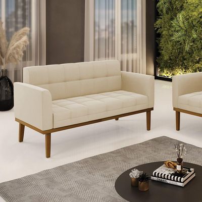 Sofá Namoradeira 2 Lugares Base De Madeira Castanho Elisa Suede D03 - Drossi Cor Bege