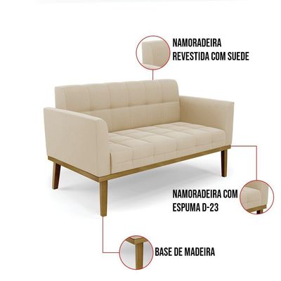 Sofá Namoradeira 2 Lugares Base De Madeira Castanho Elisa Suede D03 - Drossi Cor Bege