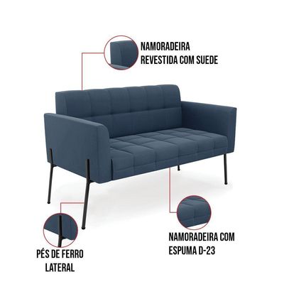 Sofá Namoradeira E 2 Poltronas Pé De Ferro Preto Elisa Suede Azul Marinho D03 - D'rossi