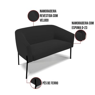 Sofá Namoradeira E Poltrona Pé De Ferro Preto Stella Veludo Preto D03 - D'rossi