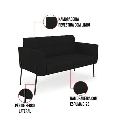 Sofá Namoradeira E 2 Poltronas Pé De Ferro Preto Elisa Linho D03 - D'rossi Cor A79 Preto