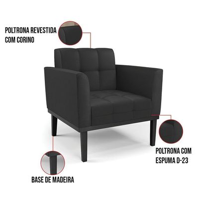 Sofá Namoradeira E 2 Poltronas Base De Madeira Preto Elisa Corino D03 - D'rossi Cor Preto